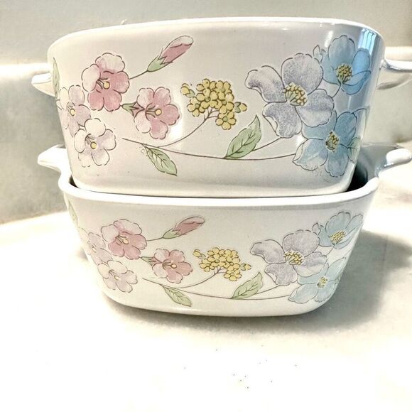 Vtg 80s Set Of 2 Corningware Pastel Bouquet Square Casserole Multicolor 700ml - Picture 2 of 5